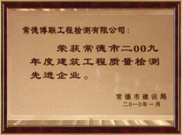 建筑工程质量检测先进企业2009年