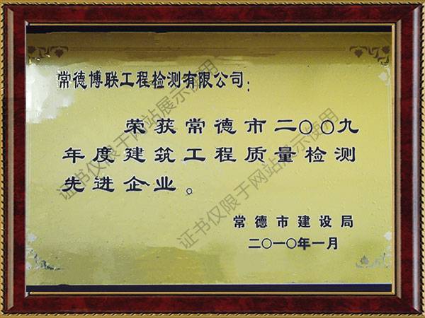 建筑工程质量检测先进企业2009年