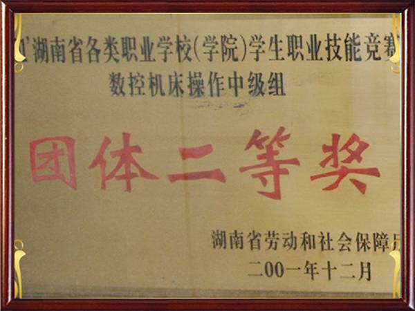 2001获湖南省各类职业学校职业技能竞赛数控机床操作中级组团体二等奖