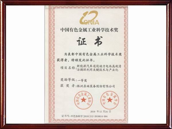 中国有色金属工业科学技术奖一等奖