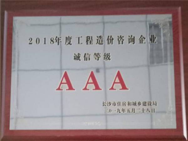 2018年度长沙市企业诚信等级AAA