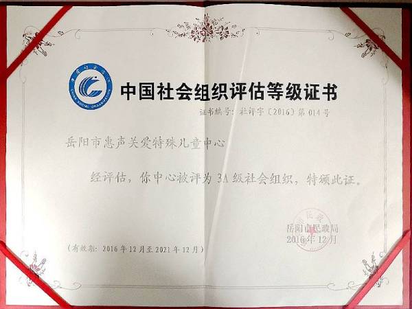 中国社会组织评估等级证书