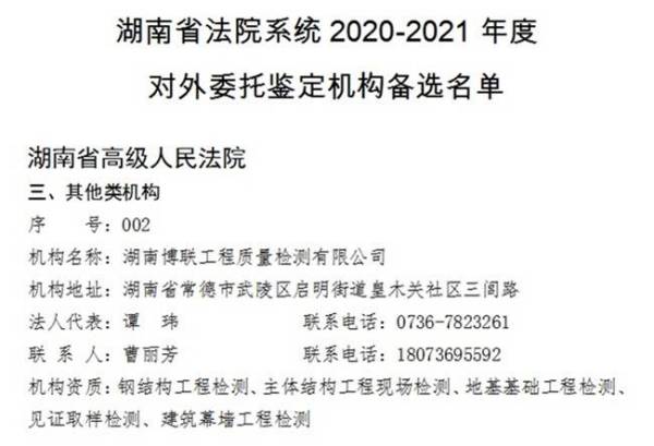 湖南省法院系统2020-2021年度对外委托鉴定机构备选名单