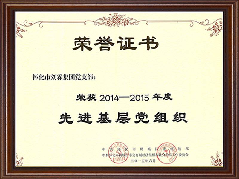 2014-2015先进党支部荣誉证书