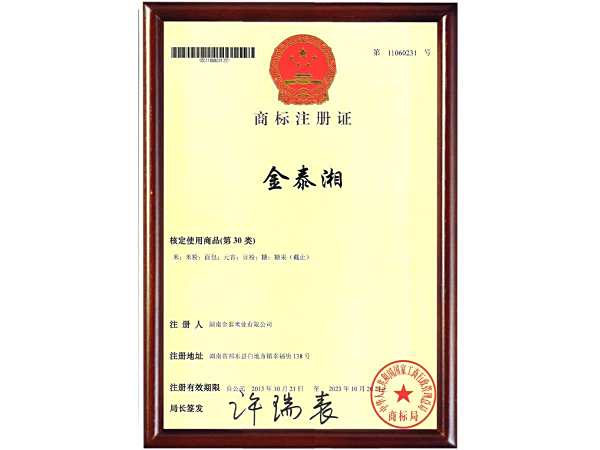 金泰湘商标证书