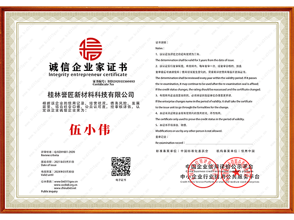诚信企业家证书