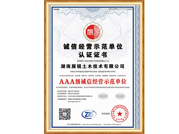 诚信经营示范单位认证证书