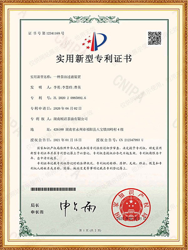 2020209858926一种茶油过滤装置