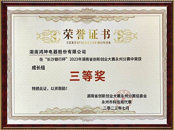 Innovation and Entrepreneurship Third Prize Honor Certificate