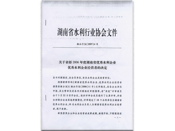 關(guān)于表彰2006年度湖南省優(yōu)秀水利企業(yè)優(yōu)秀水利企業(yè)經(jīng)營者的決定