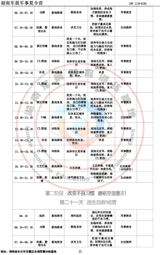 2024军晨军事夏令营课程表（21天）-22