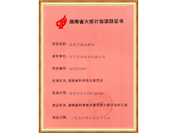 1996湖南省火炬計(jì)劃項(xiàng)目證書