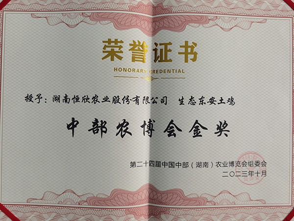 24届中部博会金奖证书
