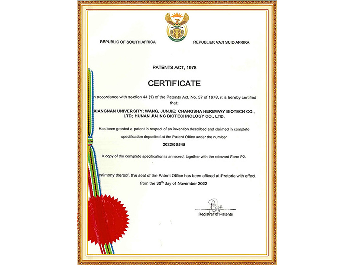 South African Invention Patent Certificate