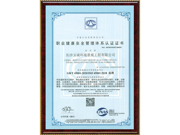 职业健康安全管理体系认证书