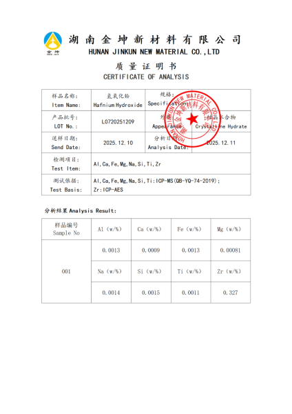 【产品报告12】氢氧化铪