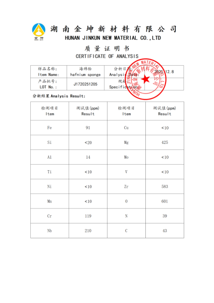 【产品报告12】金属铪&铪粉