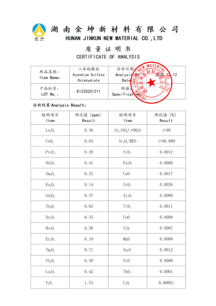 【产品报告12】硫酸钪