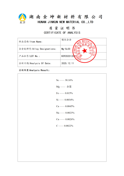 【产品报告12】镁钪合金30