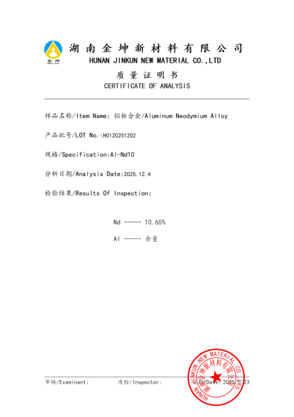 【产品报告12】铝钕合金