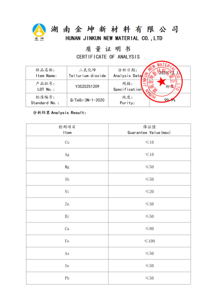 【产品报告12】氧化碲