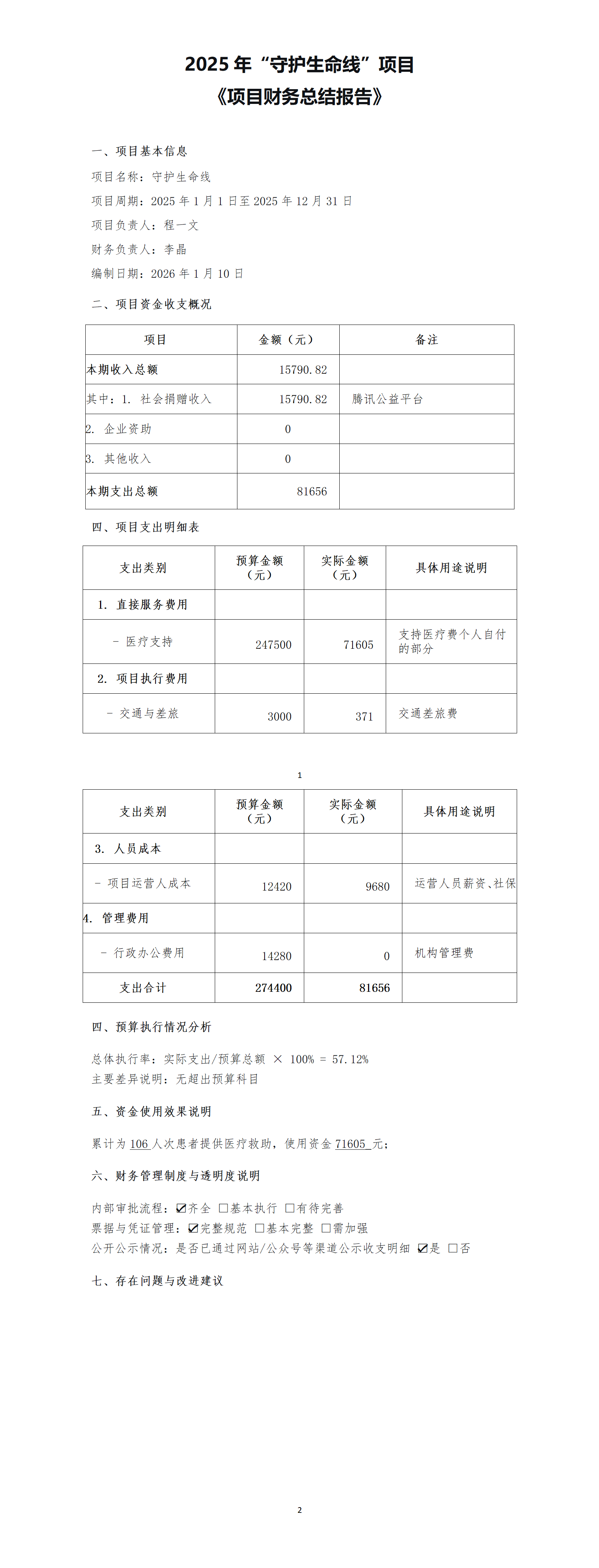 2025年“守护生命线”项目《项目财务总结报告》